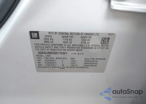 2012 Chevrolet Equinox 1Lt из США, поврежденный, VIN 2GNALDEK3C6175441